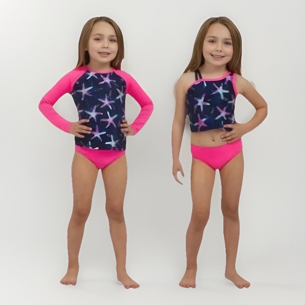 Lands' End 3 Piece Bikini Rash-Guard Swim Set Girls Pink Size 3T Long Sleeve